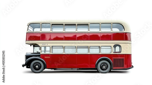 A vintage double-decker bus, beautifully restored and parked against a white background, evoking nostalgia for classic city travel.