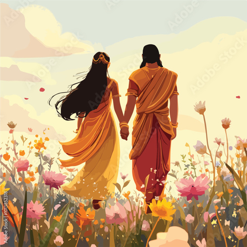 Lord Rama and Sita Walking in Flower Field Indian Mythology Hindu Gods Diwali Illustration Ramayana Epic Love Story Golden Attire Floral Background Vector Art
