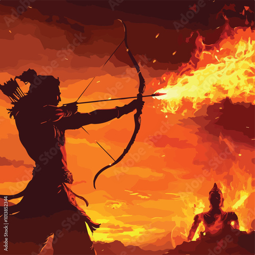Lord Ram Silhouette Vector Illustration Hindu Mythology Ramayana Epic Fire Arrow Sunset Burning Lanka Ravana Defeat Good Versus Evil Diwali Festival India Religious Spiritual Artwork