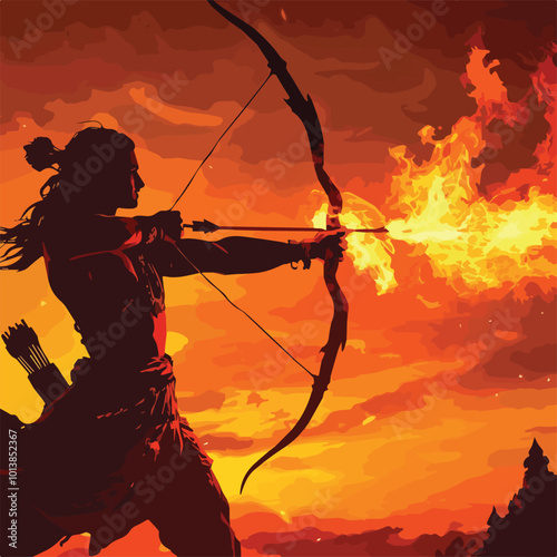 Lord Ram Vector Illustration Hindu Mythology Ramayana Epic India Diwali Festival Divine Archer Fire Arrow Sunset Background