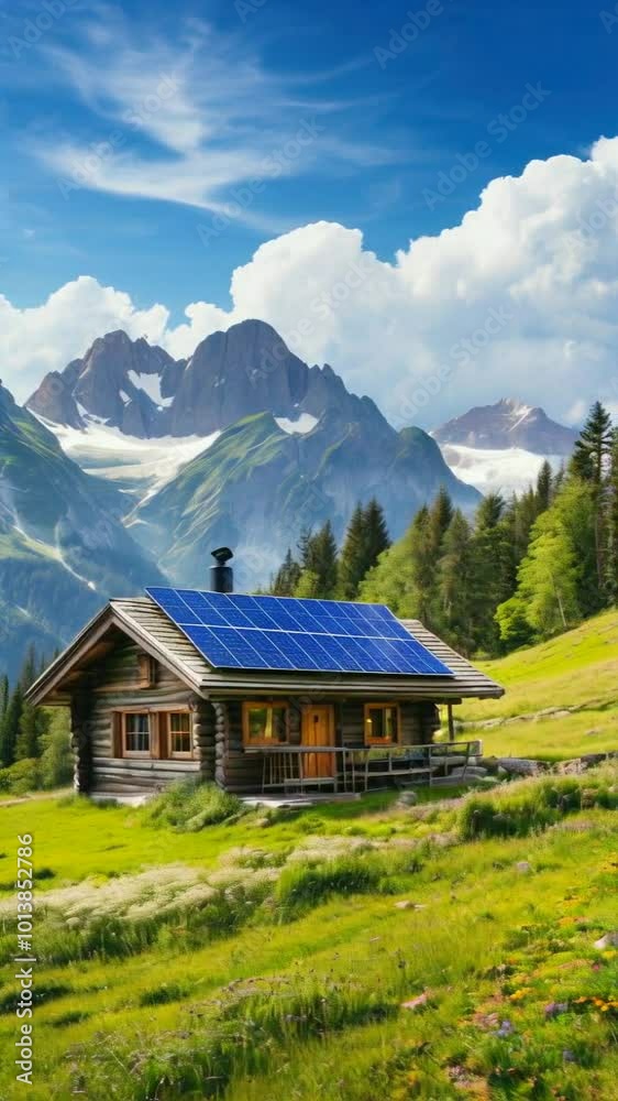 A picturesque wooden cabin with solar panels in a lush green landscape and majestic mountains. A picturesque wooden cabin with solar panels in a lush green landscape and majestic mountains.