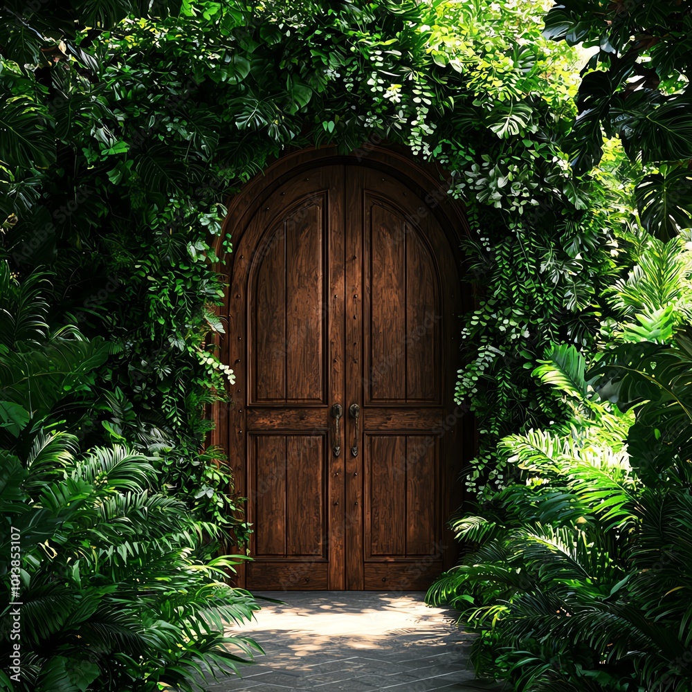 A beautiful wooden door surrounded by lush greenery and tropical plants. A beautiful wooden door surrounded by lush greenery and tropical plants.
