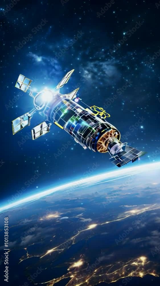 A spacecraft or satellite orbits Earth, showcasing advanced technology in space exploration. A spacecraft or satellite orbits Earth, showcasing advanced technology in space exploration.