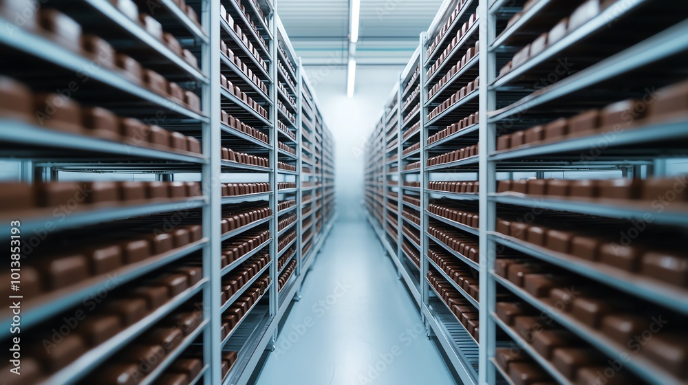 A modern storage facility with neatly organized shelves filled with brown boxes, showcasing an efficient and spacious layout. A modern storage facility with neatly organized shelves filled with brown boxes, showcasing an efficient and spacious layout.