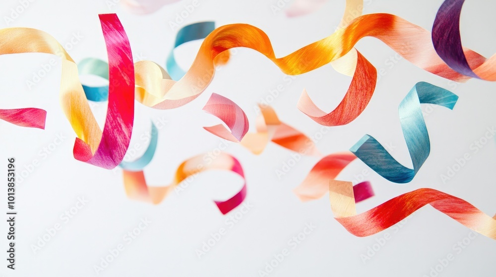 Party streamers in various colors and shapes, gently falling on a white background, creating a festive atmosphere. Party streamers in various colors and shapes, gently falling on a white background, creating a festive atmosphere.