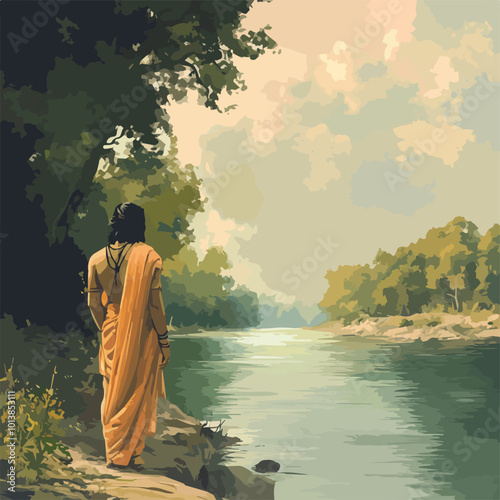Lord Ram Hindu God Exile Ayodhya Mythology Forest Riverbank Digital Art Painting Illustration
