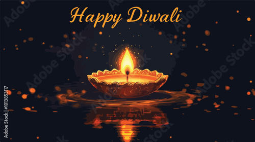 Happy Diwali Greeting Card Design With Beautiful Decorated Diya Lamp On Water Reflection Background Celebration Of Lights Festival Banner Template With Wishes Text Space