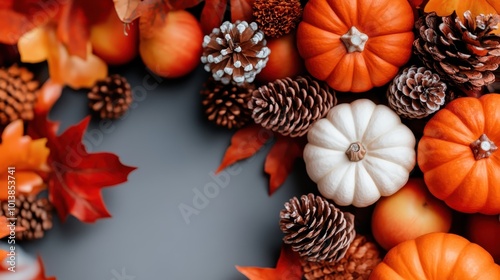A cozy autumn scene featuring vibrant orange pumpkins, assorted pinecones, and colorful fall leaves, set against a dark background, evoking warm seasonal vibes.