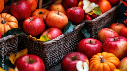 Vibrant apples and miniature pumpkins spill from rustic baskets, surrounded by colorful leaves, creating a bright, inviting autumnal scene full of warmth and charm.