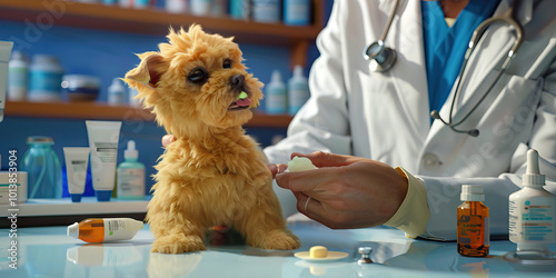 A vet administering treatment to a small yellow dog with an ointment, emphasizing the caring and nurturing aspect of animal medicine.