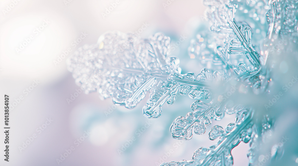 Close-up of intricate snowflake with delicate lace patterns and shimmering crystals in shades of blue on white background. Close-up of intricate snowflake with delicate lace patterns and shimmering crystals in shades of blue on white background.