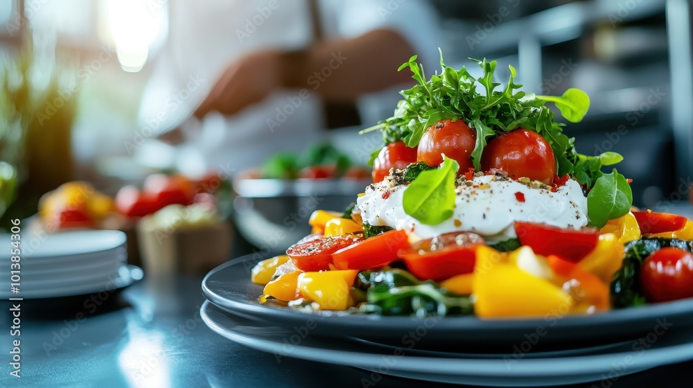 A visually stunning gourmet salad composed of fresh tomatoes, leafy greens, and a stack of creamy cheese, beautifully arranged for a flavorful dining experience. A visually stunning gourmet salad composed of fresh tomatoes, leafy greens, and a stack of creamy cheese, beautifully arranged for a flavorful dining experience.