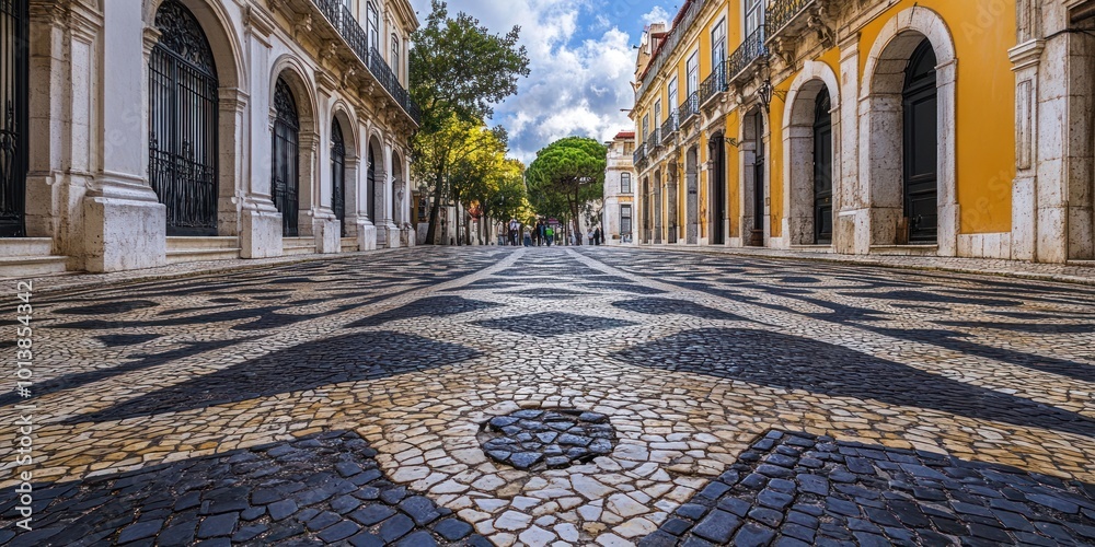 Obraz premium A cobblestone street with ornate buildings on either side, lined with trees and a few people walking. The perspective leads to a vanishing point in the distance, creating a sense of depth.