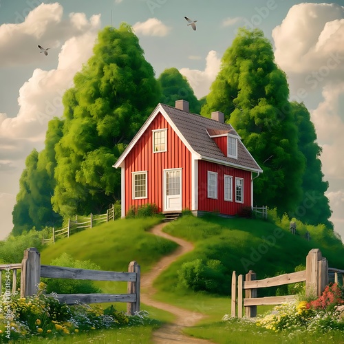 Create a whimsical countryside scene featuring a small, bright red house with white windows 