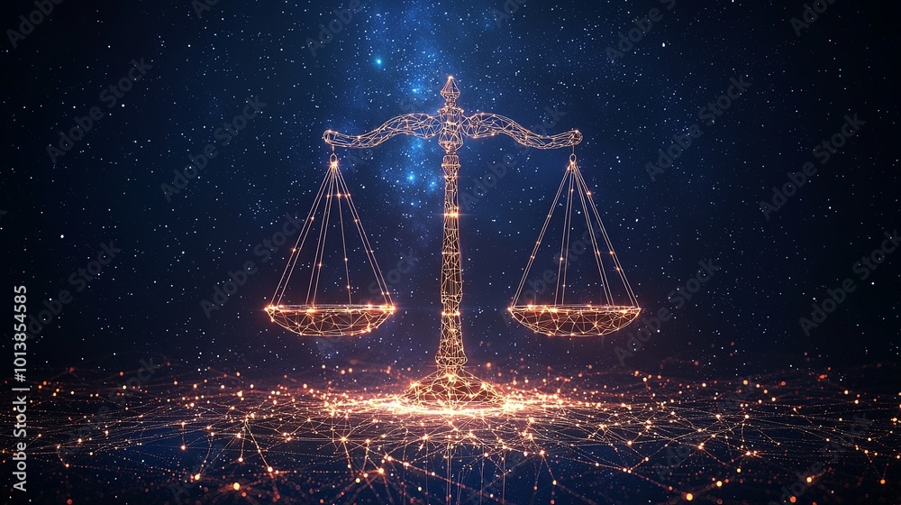 A vivid digital scale emits orange light on a cosmic backdrop, portraying equilibrium, fairness, and the fusion of technology and cosmic beauty. A vivid digital scale emits orange light on a cosmic backdrop, portraying equilibrium, fairness, and the fusion of technology and cosmic beauty.