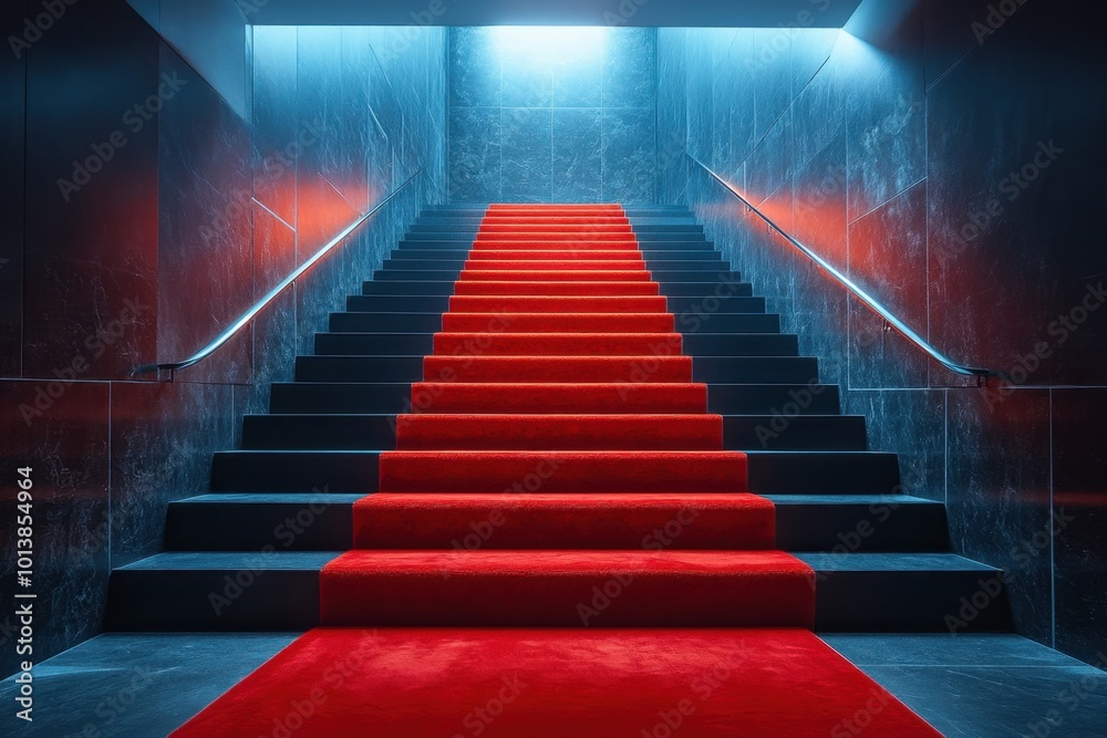 Red carpet on the stairs on a dark background. The path to glory, victory and success Red carpet on the stairs on a dark background. The path to glory, victory and success