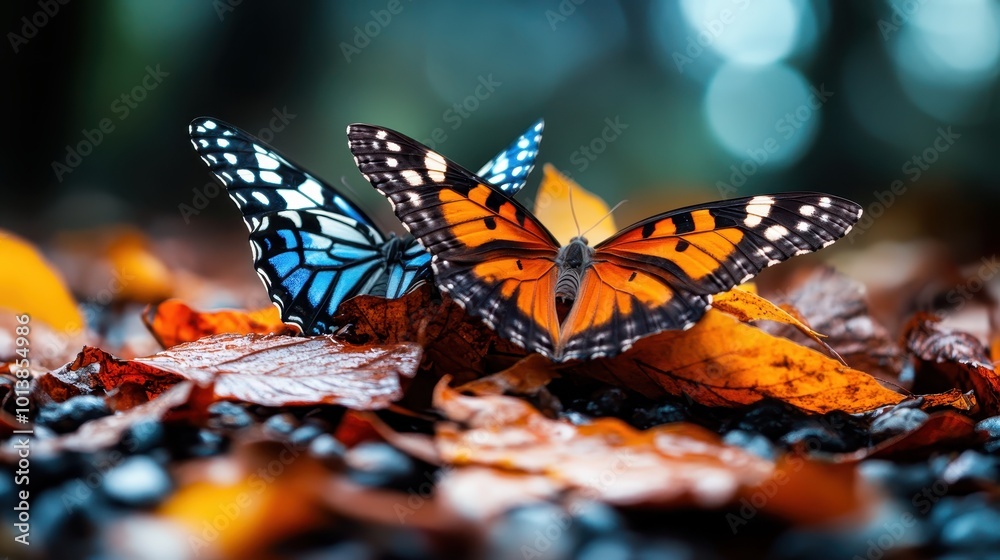 Two vibrant butterflies, one orange and one blue, perched gracefully on autumn leaves, surrounded by a bokeh background in a serene setting. Two vibrant butterflies, one orange and one blue, perched gracefully on autumn leaves, surrounded by a bokeh background in a serene setting.