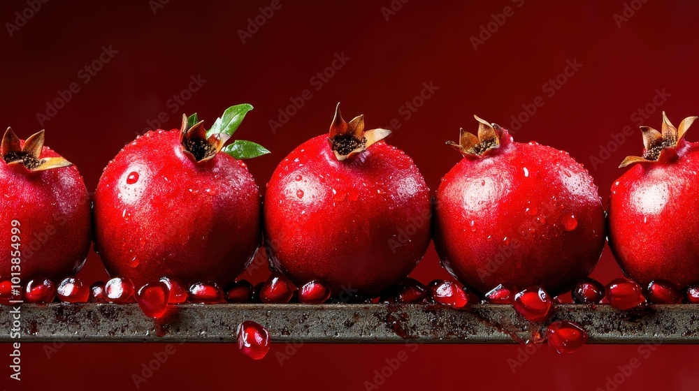 Five perfectly ripe red pomegranates with fresh dewdrops decorate a reflective metal base, creating a striking contrast with the rich, deep red background, symbolizing abundance. Five perfectly ripe red pomegranates with fresh dewdrops decorate a reflective metal base, creating a striking contrast with the rich, deep red background, symbolizing abundance.
