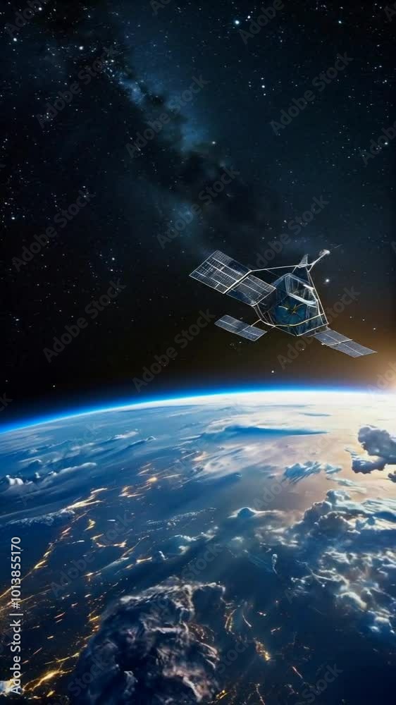 A satellite orbits Earth, capturing the beauty of space and our planet at sunrise. A satellite orbits Earth, capturing the beauty of space and our planet at sunrise.