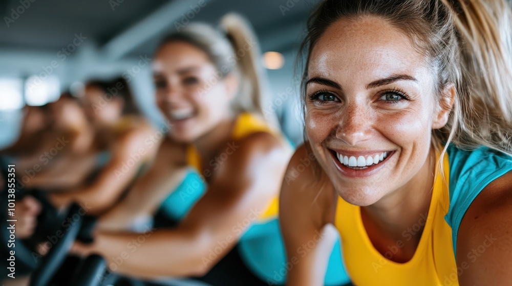 Focused and determined, a woman smiles brightly during a gym spinning workout. The atmosphere is energetic with blurred motion of other fitness enthusiasts in the background. Focused and determined, a woman smiles brightly during a gym spinning workout. The atmosphere is energetic with blurred motion of other fitness enthusiasts in the background.