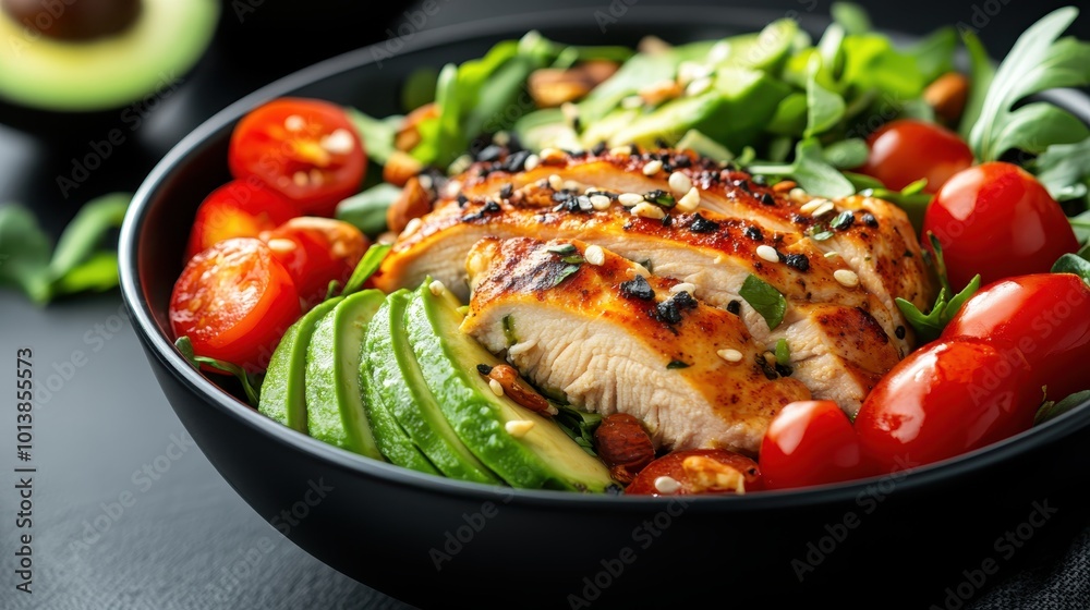 A vibrant bowl of grilled chicken, sliced avocado, cherry tomatoes, and greens offers a nutritious and tasty meal, beautifully blending flavors and textures for a fresh experience. A vibrant bowl of grilled chicken, sliced avocado, cherry tomatoes, and greens offers a nutritious and tasty meal, beautifully blending flavors and textures for a fresh experience.
