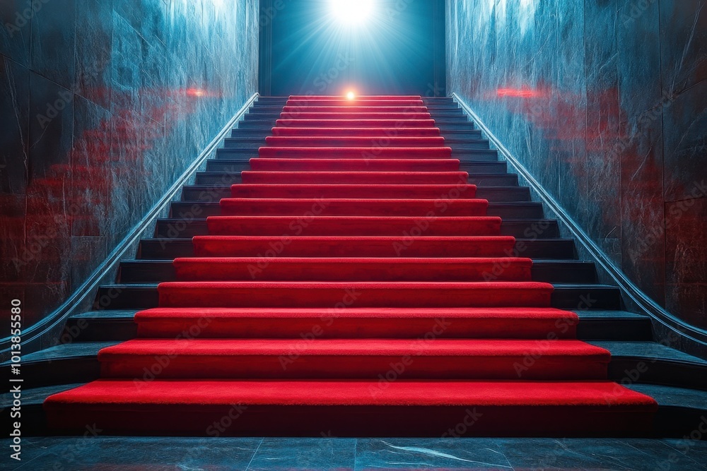 Red carpet on the stairs on a dark background. The path to glory, victory and success Red carpet on the stairs on a dark background. The path to glory, victory and success