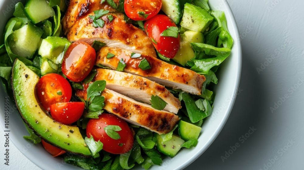 A flavorful chicken salad with perfectly grilled slices, fresh greens, juicy cherry tomatoes, and creamy avocado creates a nutritious and mouth-watering culinary masterpiece. A flavorful chicken salad with perfectly grilled slices, fresh greens, juicy cherry tomatoes, and creamy avocado creates a nutritious and mouth-watering culinary masterpiece.