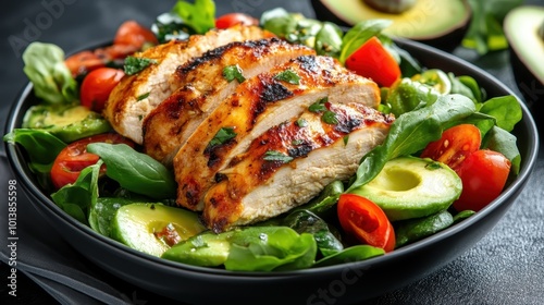 Delicious grilled chicken salad garnished with fresh avocado, cherry tomatoes, and a variety of greens, offering a rich blend of taste and health benefits in one bowl.