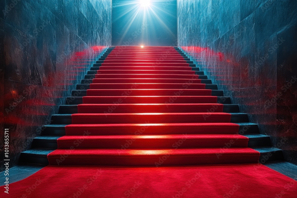 Red carpet on the stairs on a dark background. The path to glory, victory and success Red carpet on the stairs on a dark background. The path to glory, victory and success