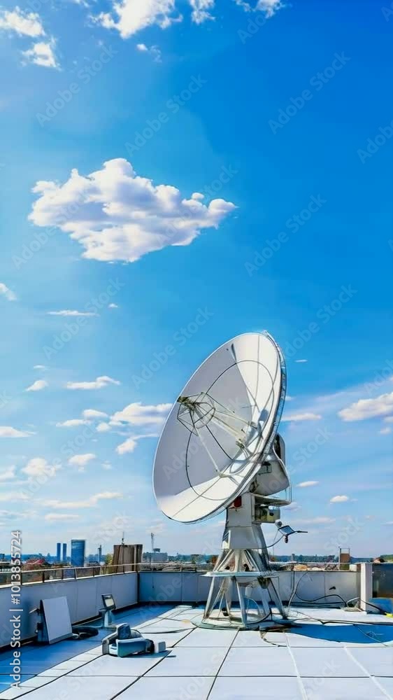 A satellite dish on a rooftop under a blue sky with fluffy clouds. A satellite dish on a rooftop under a blue sky with fluffy clouds.