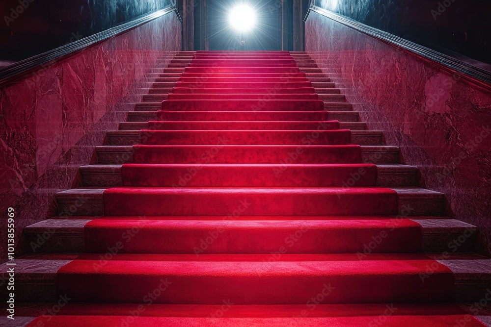 Red carpet on the stairs on a dark background. The path to glory, victory and success Red carpet on the stairs on a dark background. The path to glory, victory and success