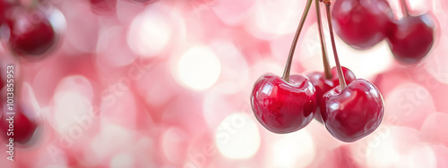 Juicy cherries hanging against a soft pink background, exuding freshness and flavor.