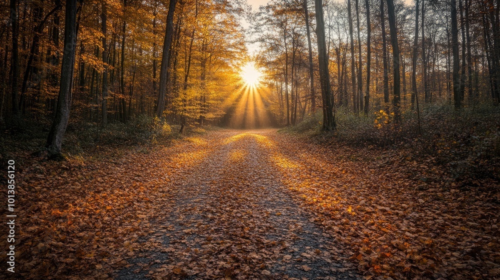 Fototapeta premium A forest path covered in autumn leaves, with golden sunlight streaming through the trees, capturing the magic of fall in a peaceful world.