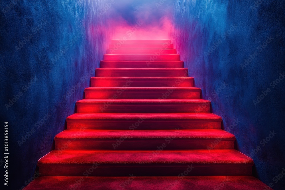Red carpet on the stairs on a dark background. The path to glory, victory and success Red carpet on the stairs on a dark background. The path to glory, victory and success