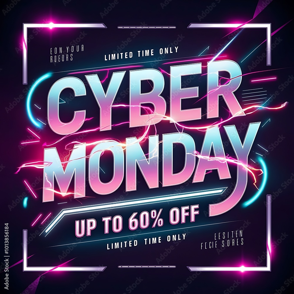 Design a Cyber Monday promotional poster with a focus on large, neon style, 3D-style text for the words  