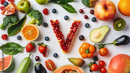 vegetarianism, v-label, letter v with leaf on white background surrounded by fruits and vegetables, healthy vegetarian food, salad, citrus, symbol, sign, inscription, top view, layout photo