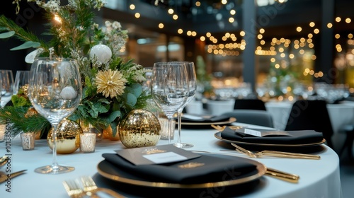 An elegant table setting featuring festive decor, complete with sparkling glassware, gold accents, and a centerpiece, creating a luxurious dining atmosphere.