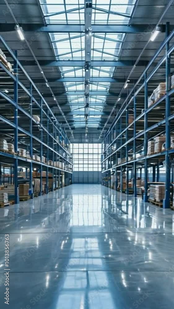 A spacious warehouse with high shelves and a reflective floor, designed for storage and logistics. A spacious warehouse with high shelves and a reflective floor, designed for storage and logistics.