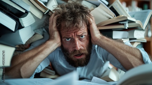 A man with a distressed expression sits overwhelmed under a chaotic pile of books, representing stress and information overload, amidst a cluttered office setting. photo