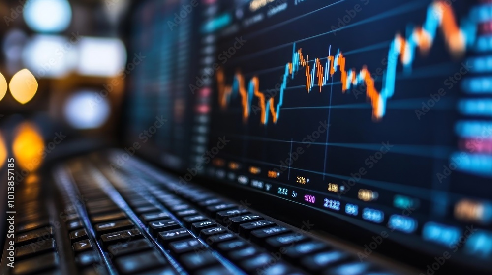 Close-up of a laptop keyboard with a stock market graph displayed on the screen. Close-up of a laptop keyboard with a stock market graph displayed on the screen.