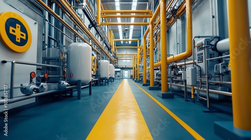 A vibrant industrial interior featuring bright yellow pipelines and equipment, showcasing a clean, organized workspace.