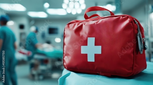 A red emergency medical kit with a white cross prominently displayed in a hospital surgery room, symbolizing preparedness and readiness for medical situations. photo