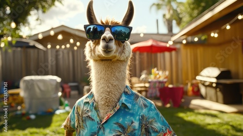 A llama wearing sunglasses and a Hawaiian shirt, standing in a backyard barbecue party like it's the host. photo