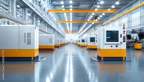 Modern industrial factory interior with machinery and bright lighting.