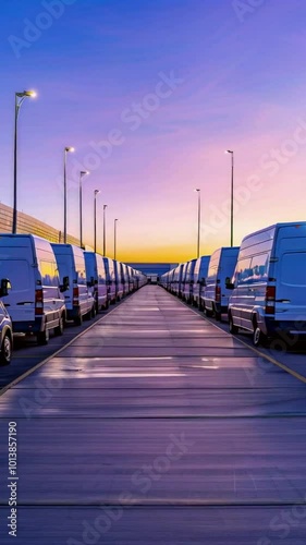 A row of white vans parked under a colorful sunset sky.