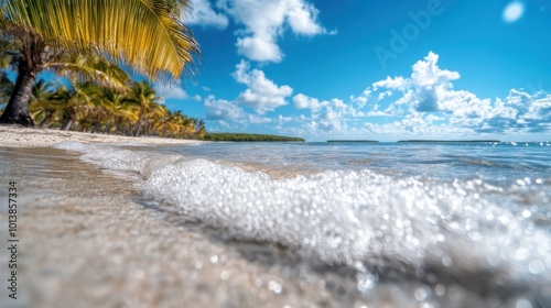 Gently rolling waves wash over a sandy tropical island beach lined with palm trees, under a sky filled with scattered clouds on a warm sunny day. photo