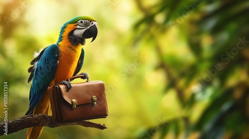 A parrot holding a tiny briefcase, perched on a branch, looking like it's off to work.