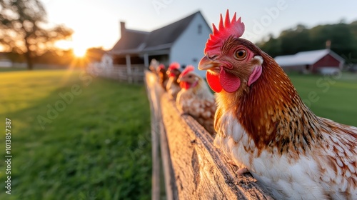 A picturesque scene of several chickens lined up along a rustic wooden fence at sunset, with a peaceful farmhouse and fields extending into the background.
