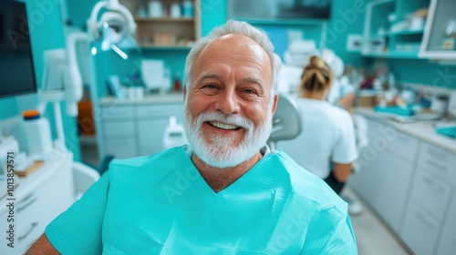 A cheerful elderly man with a white beard wearing scrubs sits smiling in a dental clinic, conveying warmth and professionalism. The environment is sterile and inviting.