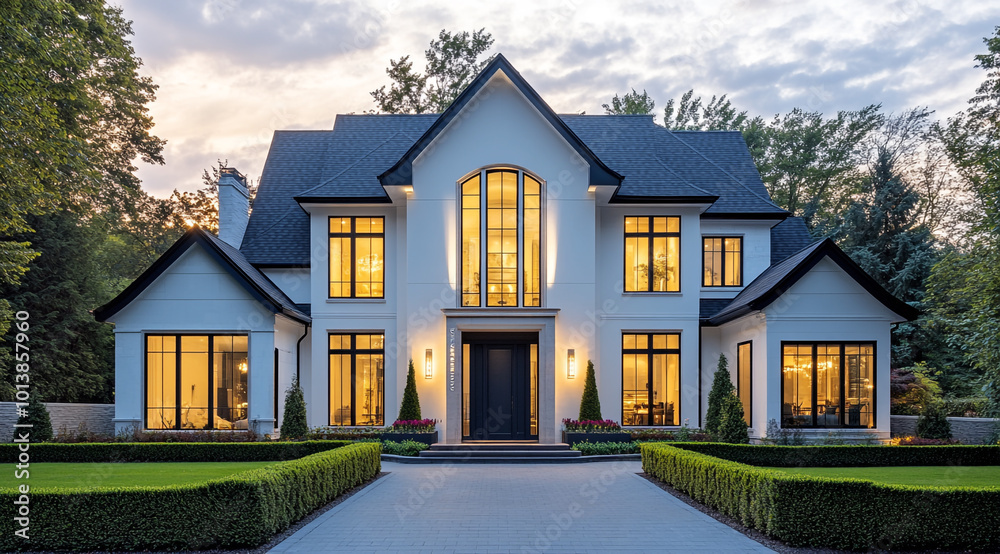 A wide-angle shot of the front view exterior design of an ultra-luxurious mansion with modern and classic architecture. A wide-angle shot of the front view exterior design of an ultra-luxurious mansion with modern and classic architecture.